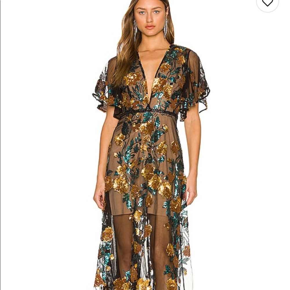 NWT Bronx and Banco Rafaella Teal Long Dress Gold Black and Green